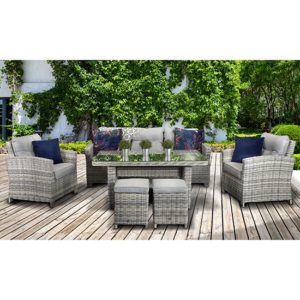 Arax Outdoor 7 Seater Sofa Dining Set With Stools In Fine Grey
