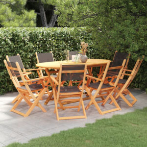 Huron Wooden 9 Piece Outdoor Dining Set In Natural And Black