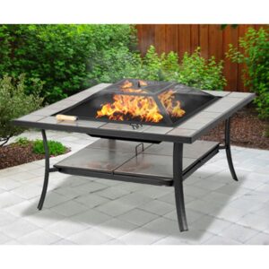 Saginaw Fax Stone Burinng Fire Pit With Grilling In Grey Red