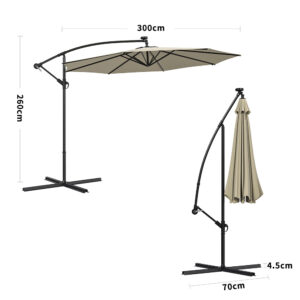 3M Cantilever Garden Parasols Beige/Light Grey/Dark Grey Iron Banana Umbrella with LED Lights