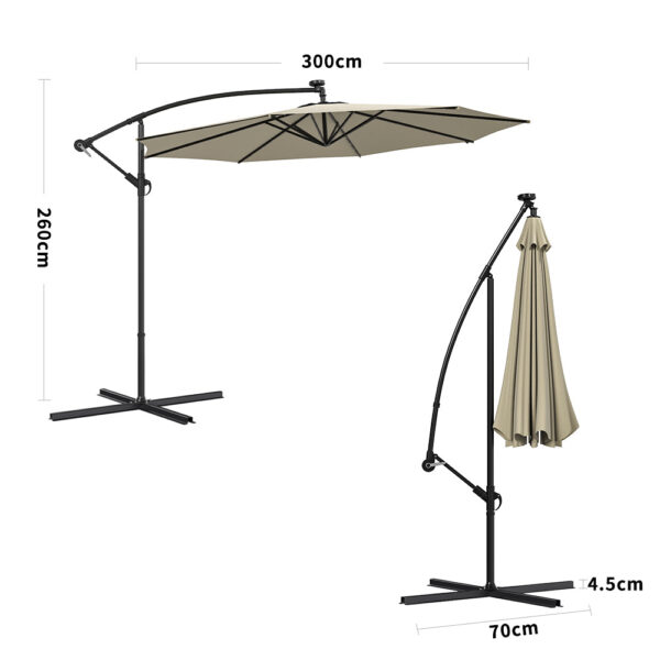 3M Cantilever Garden Parasols Beige/Light Grey/Dark Grey Iron Banana Umbrella with LED Lights