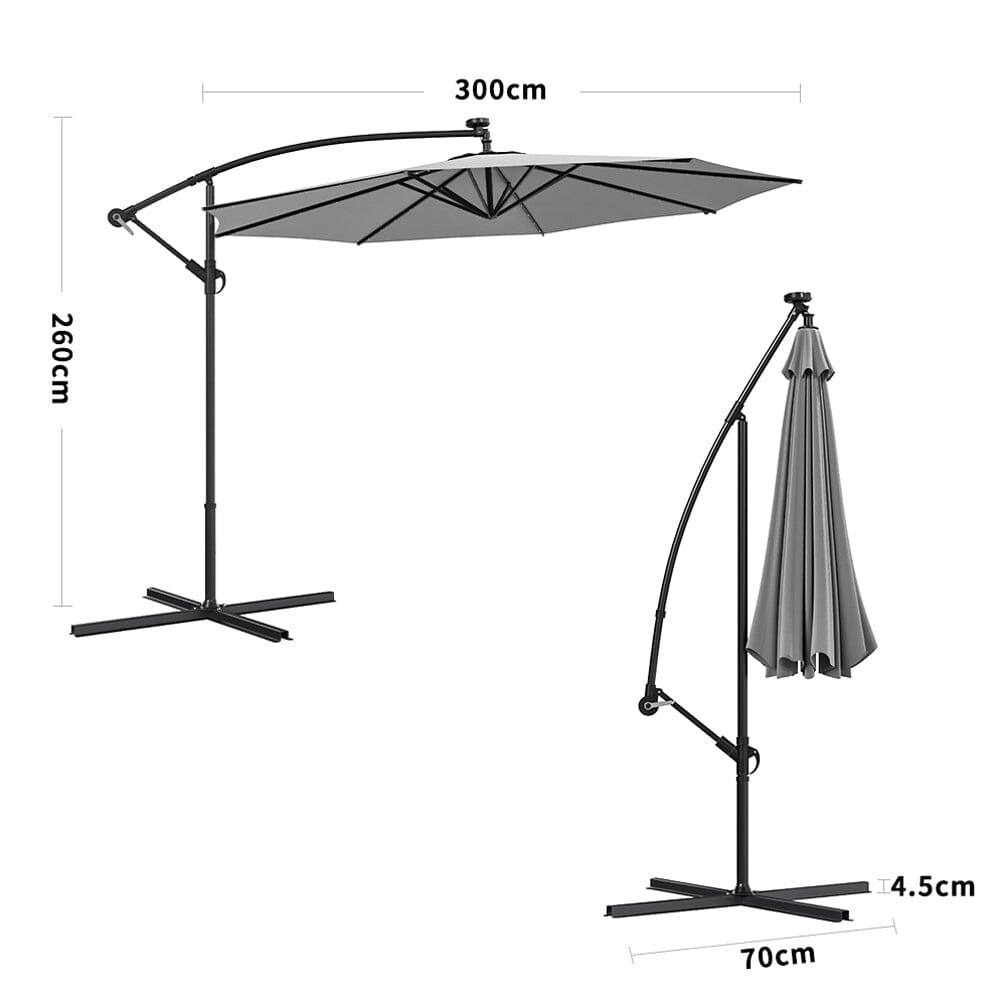 3M Cantilever Garden Parasols Beige/Light Grey/Dark Grey Iron Banana Umbrella with LED Lights