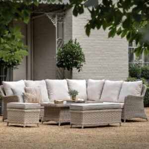 Allegan Outdoor Glass Top Dining Set With Cushion In Salt Spray