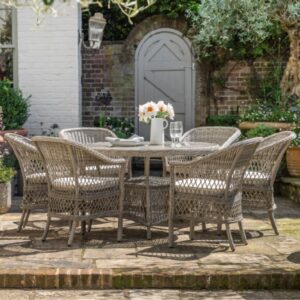 Maxton Outdoor Glass Top 6 Seater Round Dining Set In Stone