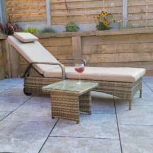 Saxen Rattan Garden Sun lounger With Drinks Table In Brown