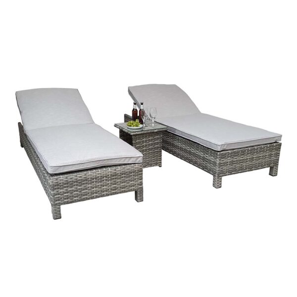 Sayer Rattan Garden Sun Lounger With Drinks Table In Silver Grey