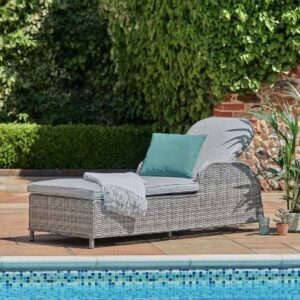 Sewanee Rattan Garden Sun Lounger With Cushion In Stone