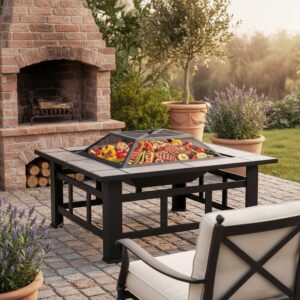 83cm Vintage Brown Fire Pit & BBQ Grill | Square Outdoor Fire Bowl for Garden & Camping