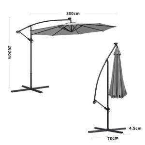 3M Cantilever Garden Parasols Light Grey Iron Banana Umbrella with LED Lights