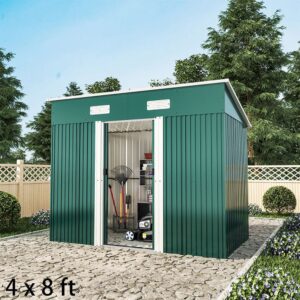 4 x 6 ft / 4 x 8 ft Steel Garden Shed with Skillion Roof Top Steel Black/Green