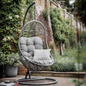 Marfa Rattan Swing Seat Hanging Egg-Shaped Chair in Stone Grey