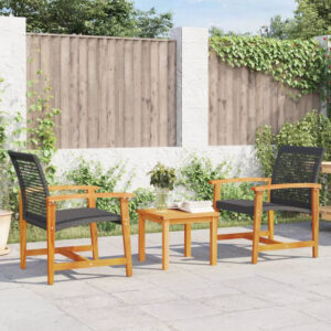 Zelivo Garden Poly Rattan Bistro Set with Acacia Wood Frame in Black