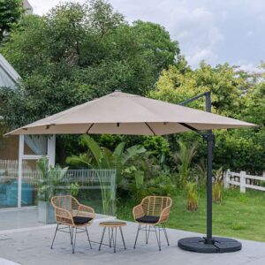 3 x 3M Wide Garden Parasol Outdoor Hanging UV Resistant and Waterproof Umbrella for Patio - Khaki / Parasol + Cross Base + Round Water Tank