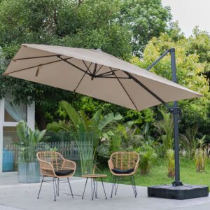 3 x 3M Wide Garden Parasol Outdoor Hanging UV Resistant and Waterproof Umbrella for Patio - Khaki / Parasol + Cross Base + Square Water Tank