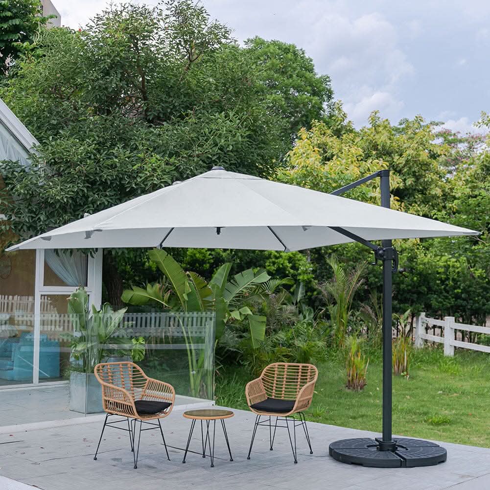 3 x 3M Wide Garden Parasol Outdoor Hanging UV Resistant and Waterproof Umbrella for Patio - Light Grey / Parasol + Cross Base + Round Water Tank