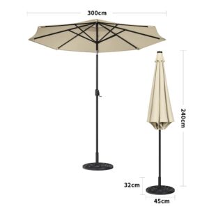 3M Garden Parasol Beige Patio Sun Umbrella Sunshade Canopy With Solar LED Lights - 10KG Petal cement tank base