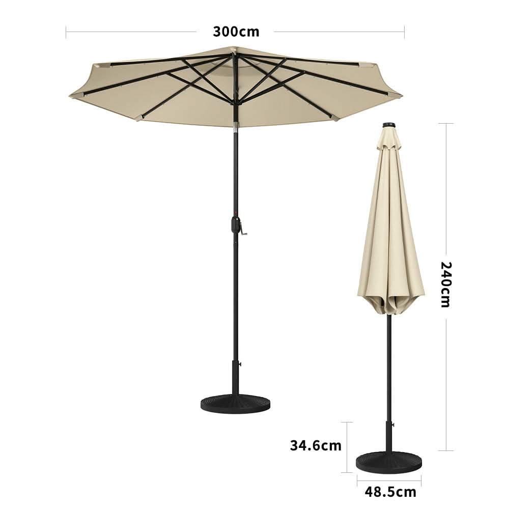 3M Garden Parasol Beige Patio Sun Umbrella Sunshade Canopy With Solar LED Lights - Circle Effect 14KG Resin tank base