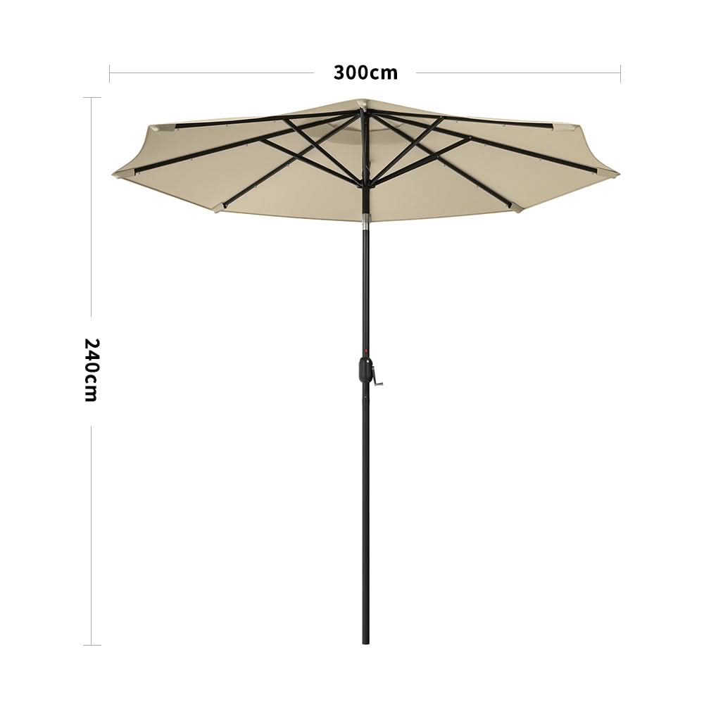 3M Garden Parasol Beige Patio Sun Umbrella Sunshade Canopy With Solar LED Lights - Only parasol