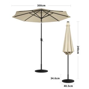 3M Garden Parasol Beige Patio Sun Umbrella Sunshade Canopy With Solar LED Lights - Rattan Effect 14KG Resin tank base