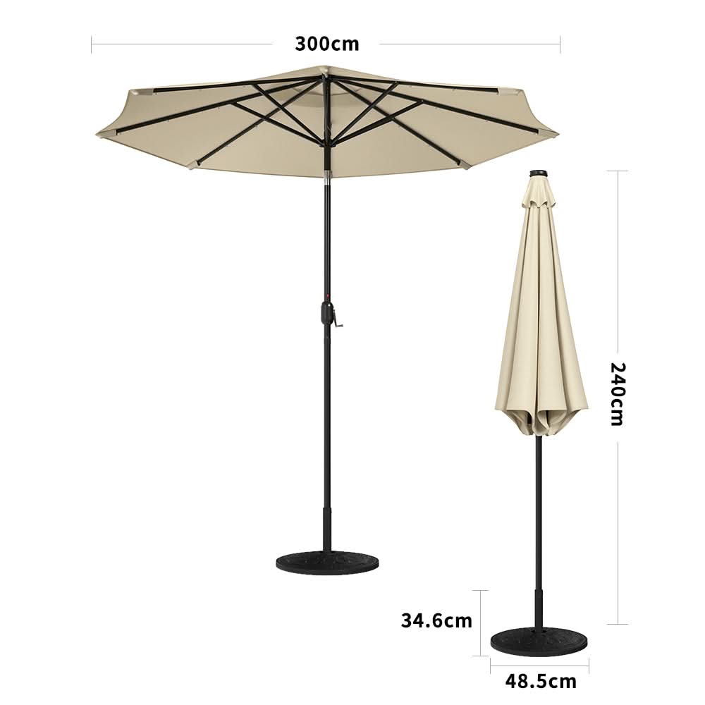 3M Garden Parasol Beige Patio Sun Umbrella Sunshade Canopy With Solar LED Lights - Rattan Effect 14KG Resin tank base