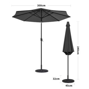 3M Garden Parasol Sun Umbrella Dark Grey Iron With Solar LED Lights - 10KG Petal cement tank base