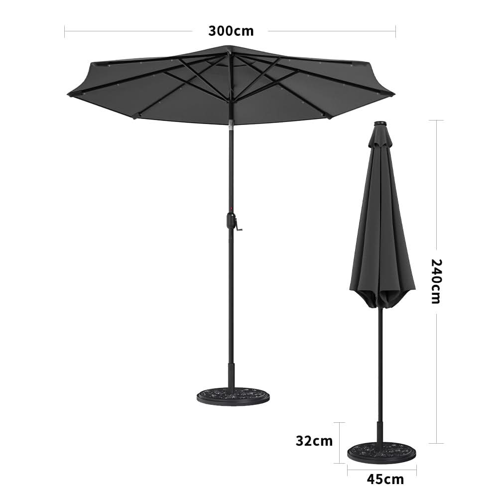 3M Garden Parasol Sun Umbrella Dark Grey Iron With Solar LED Lights - 10KG Petal cement tank base