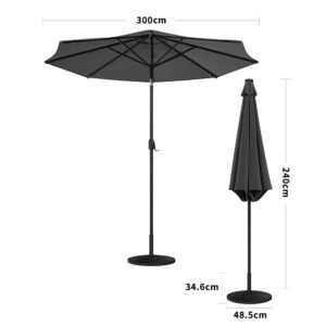 3M Garden Parasol Sun Umbrella Dark Grey Iron With Solar LED Lights - Rattan Effect 14KG Resin tank base