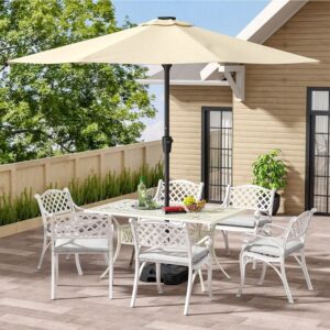4/6 Seater Aluminium Garden Dining Set with Parasol Hole - Off-white with black spots / Table with 6 Chairs
