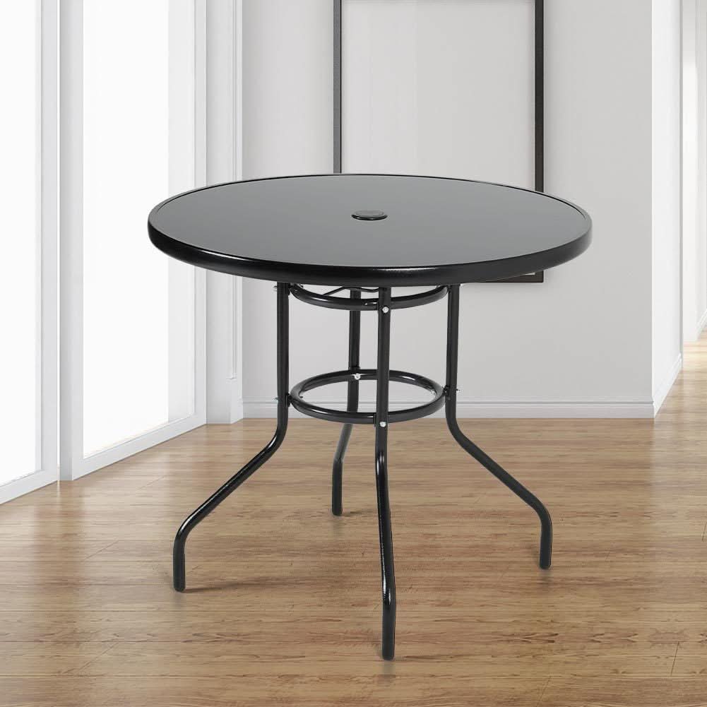 Patio Garden Dining Table with Umbrella Hole Glass Garden Table - Dia 80 x H 72 cm